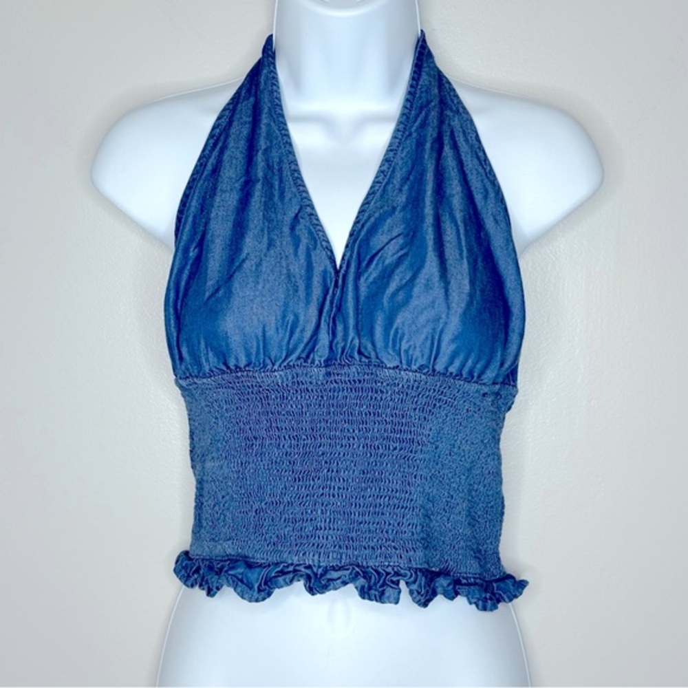 Bebe Blue Denim‎ Smocked Waist Cropped Halter Top Size M/L